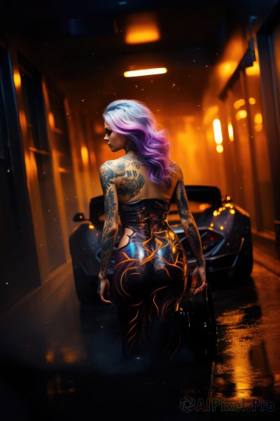 1girl,solo,long hair,bare shoulders,standing,pink hair,purple hair,ass,multicolored hair,looking back,pants,dark skin,from behind,two-tone hair,dark-skinned female,lips,tattoo,gradient hair,makeup,back,ground vehicle,motor vehicle,car,arm tattoo,back tattoo,jewelry,white hair,earrings,night,sunglasses,lipstick,reflection,nose,black lips,neon lights,full-body tattoo