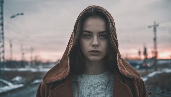 1girl,solo,long hair,looking at viewer,blue eyes,brown hair,black hair,closed mouth,jacket,upper body,outdoors,hood,blurry,sweater,lips,depth of field,blurry background,motor vehicle,brown jacket,realistic,nose,red lips,power lines,photo background,sky,expressionless,cloudy sky,portrait,car,grey sky