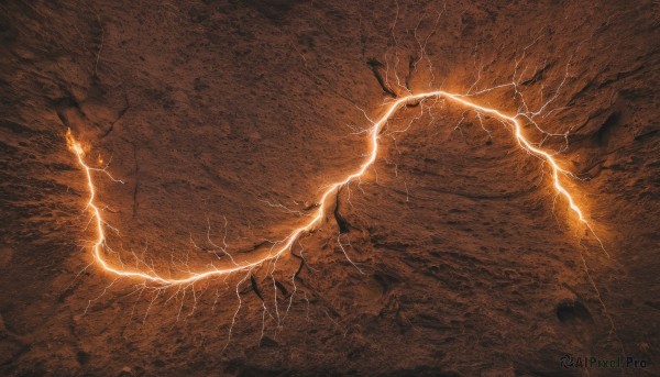 solo,outdoors,tree,no humans,from above,traditional media,scenery,electricity,lightning,brown theme,orange theme,cave,monochrome,sky,glowing,fire