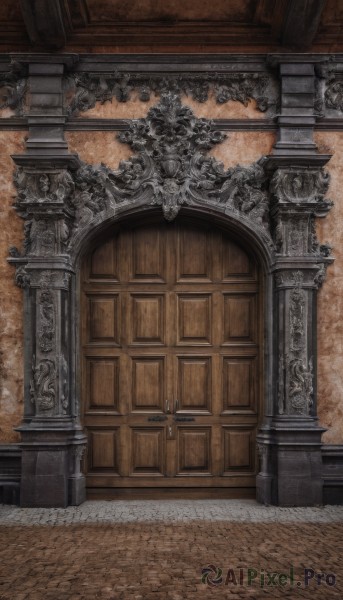 weapon,sword,indoors,no humans,scenery,stairs,door,architecture,pillar,statue,church,arch,column,stone floor,window,traditional media,fantasy,candle,wall,brick wall,candlestand,gate,chandelier,stone wall,brick floor