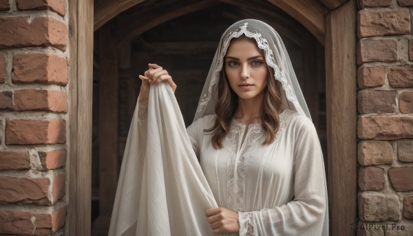 1girl,solo,long hair,looking at viewer,brown hair,long sleeves,dress,brown eyes,closed mouth,upper body,indoors,white dress,lips,veil,realistic,wall,brick wall,wedding dress