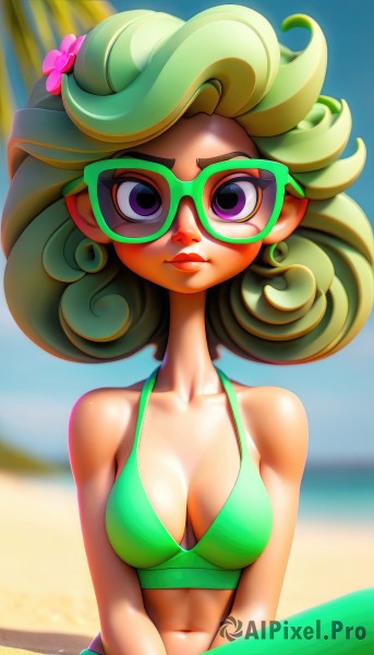 1girl,solo,breasts,looking at viewer,hair ornament,navel,cleavage,bare shoulders,medium breasts,sitting,closed mouth,purple eyes,collarbone,swimsuit,upper body,flower,bikini,outdoors,green hair,glasses,day,artist name,hair flower,lips,makeup,ocean,beach,lipstick,eyeshadow,curly hair,green bikini,short hair,blonde hair,sky,midriff,signature,stomach,blurry,tree,blue sky,depth of field,blurry background,colored skin,sunglasses,bikini top only,pink flower,v arms