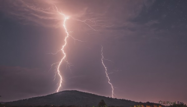 outdoors,sky,cloud,tree,no humans,night,cloudy sky,grass,star (sky),night sky,scenery,starry sky,sunset,electricity,lightning,nature,mountain,horizon,dark,landscape,hill