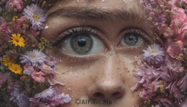 solo, looking at viewer, blue eyes, 1boy, brown eyes, flower, male focus, eyelashes, close-up, pink flower, realistic, yellow flower, purple flower, eye focus