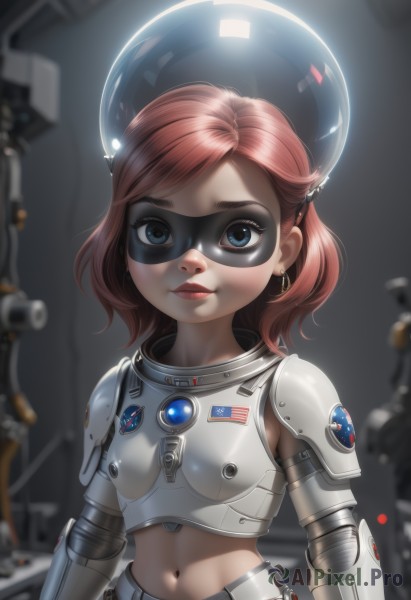 1girl,solo,breasts,looking at viewer,smile,short hair,blue eyes,brown hair,navel,jewelry,upper body,pink hair,red hair,earrings,small breasts,midriff,armor,blurry,lips,makeup,mask,swept bangs,lipstick,goggles,science fiction,breastplate,realistic,nose,red lips,spacesuit,japanese flag,shoulder armor,pauldrons,cyborg,american flag,domino mask