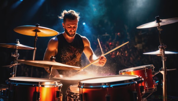 solo,1boy,closed eyes,white hair,male focus,dark skin,blurry,night,facial hair,dark-skinned male,tank top,instrument,beard,realistic,music,playing instrument,drum,stage,drumsticks,drum set,concert,shirt,black hair,holding,jewelry,sleeveless,muscular,muscular male,manly,undercut