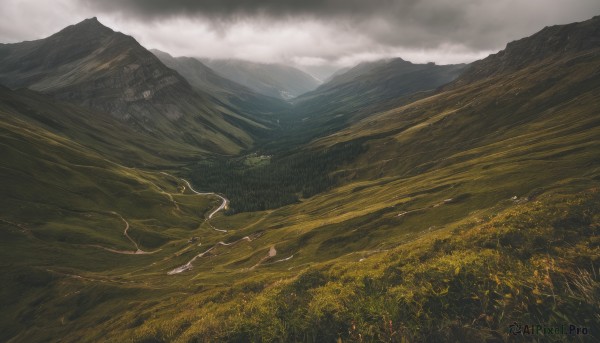 outdoors,sky,day,cloud,tree,no humans,cloudy sky,grass,nature,scenery,forest,mountain,field,lightning,landscape,mountainous horizon,hill