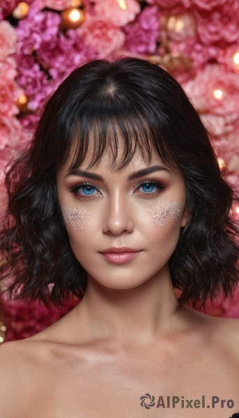 1girl,solo,looking at viewer,short hair,bangs,blue eyes,black hair,bare shoulders,closed mouth,collarbone,flower,artist name,blurry,lips,eyelashes,makeup,depth of field,blurry background,watermark,portrait,web address,eyeshadow,realistic,nose,scales,smile,upper body,nude,mascara