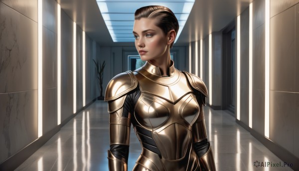 1girl,solo,breasts,short hair,blue eyes,brown hair,brown eyes,closed mouth,upper body,indoors,dark skin,armor,dark-skinned female,lips,looking to the side,bodysuit,shoulder armor,pauldrons,breastplate,realistic,very short hair,hallway,gold armor,boobplate,sunlight,nose