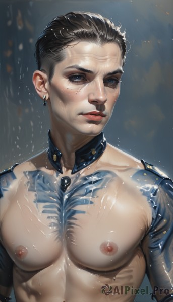 1girl,solo,breasts,looking at viewer,short hair,blue eyes,brown hair,black hair,1boy,jewelry,nipples,upper body,male focus,nude,earrings,parted lips,lips,wet,makeup,muscular,scar,abs,pectorals,science fiction,rain,realistic,nose,very short hair,cyborg,hair slicked back,cyberpunk,closed mouth,tattoo,scar on face,veins,android,mechanical arms