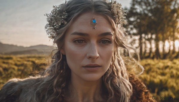 1girl,solo,long hair,looking at viewer,hair ornament,brown eyes,jewelry,closed mouth,flower,grey hair,outdoors,artist name,hair flower,blurry,lips,grey eyes,eyelashes,depth of field,blurry background,wavy hair,expressionless,gem,portrait,freckles,circlet,realistic,sky,day,fur trim,backlighting,nose,forehead jewel