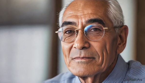 solo,looking at viewer,short hair,shirt,1boy,brown eyes,closed mouth,white hair,grey hair,male focus,glasses,striped,indoors,blurry,black eyes,blurry background,facial hair,blue shirt,portrait,striped shirt,realistic,nose,round eyewear,old,old man,vertical-striped shirt,wrinkled skin,shiny,collared shirt,lips,vertical stripes,very short hair