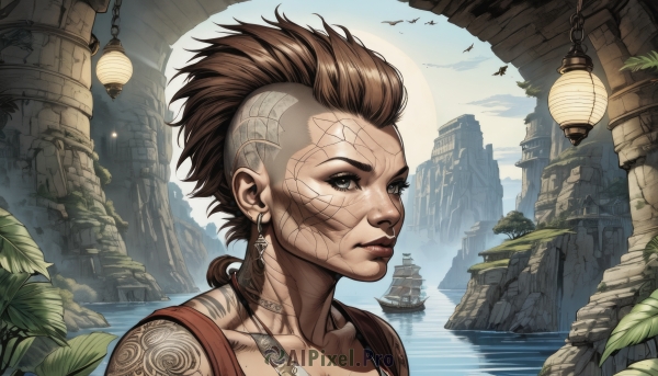 1girl,solo,long hair,looking at viewer,short hair,brown hair,brown eyes,jewelry,collarbone,ponytail,earrings,outdoors,parted lips,sky,day,water,tree,lips,grey eyes,tattoo,bird,leaf,scar,plant,building,portrait,scenery,lantern,nose,facial tattoo,statue,mohawk