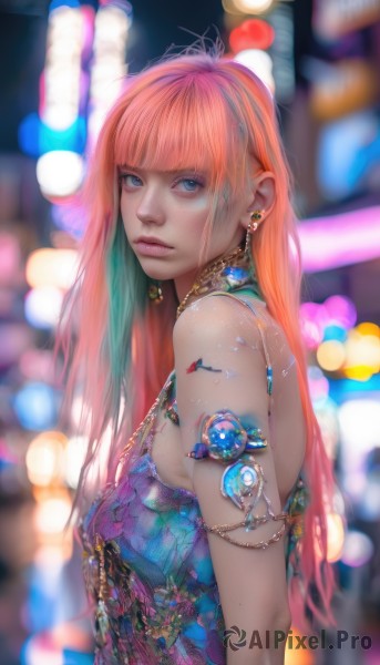 1girl,solo,long hair,breasts,looking at viewer,bangs,blue eyes,dress,bare shoulders,jewelry,closed mouth,upper body,pink hair,multicolored hair,earrings,small breasts,blunt bangs,necklace,orange hair,blurry,from side,lips,depth of field,blurry background,gem,armlet,freckles,realistic,nose,sleeveless,artist name,eyelashes,sleeveless dress,blue dress,watermark,piercing,bokeh,pearl (gemstone)