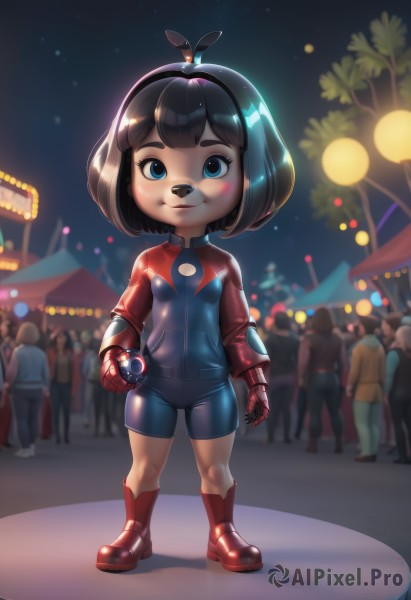 1girl,solo,breasts,looking at viewer,smile,short hair,bangs,blue eyes,brown hair,black hair,gloves,animal ears,closed mouth,standing,full body,hairband,small breasts,boots,outdoors,sky,solo focus,shiny,blunt bangs,blurry,shiny hair,tree,bodysuit,night,blurry background,bob cut,knee boots,gauntlets,red footwear,child,star (sky),night sky,skin tight,red gloves,shiny clothes,black bodysuit,female child,fireworks,holding,loli