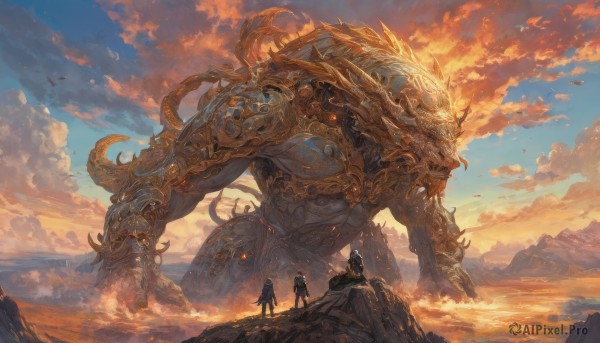 1girl,short hair,holding,standing,weapon,outdoors,multiple boys,horns,sky,day,sword,cloud,2boys,armor,bird,animal,cloudy sky,scenery,sunset,monster,mountain,fantasy,dragon,size difference,giant,1boy,signature,water,from behind,blue sky,glowing,ocean,glowing eyes,rock