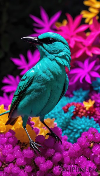 solo,standing,full body,flower,blurry,black eyes,pokemon (creature),no humans,blurry background,bird,animal,pink flower,realistic,purple flower,floral background,animal focus,talons,beak,closed mouth,signature