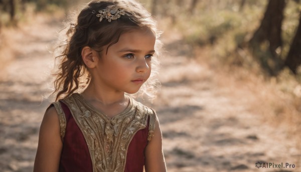 1girl,solo,long hair,blue eyes,brown hair,black hair,hair ornament,dress,closed mouth,upper body,outdoors,sleeveless,blurry,lips,looking to the side,depth of field,blurry background,looking away,red dress,realistic,nose,tree,sunlight,curly hair