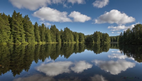 outdoors,sky,day,cloud,water,tree,blue sky,no humans,cloudy sky,nature,scenery,forest,reflection,landscape,overgrown,fantasy,reflective water,floating island