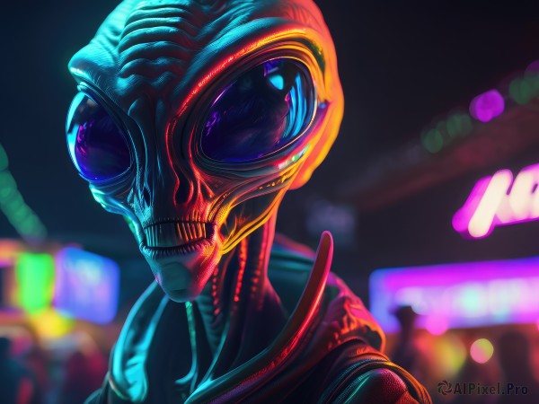 solo,1boy,upper body,male focus,teeth,hood,blurry,mask,night,depth of field,blurry background,portrait,1other,science fiction,monster,alien,cyberpunk,neon lights,blue eyes,no humans,city,skeleton,city lights