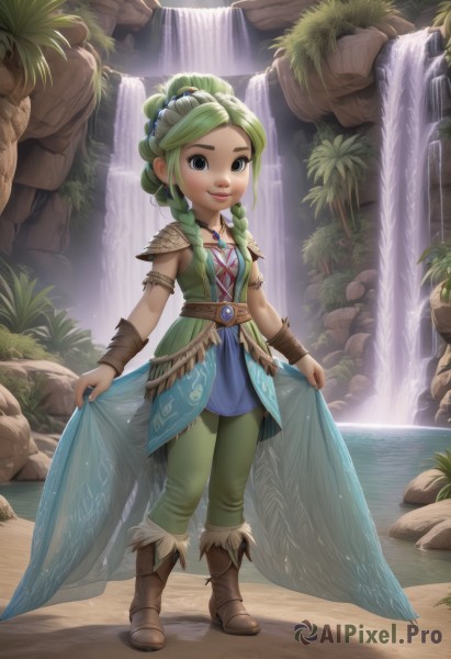 1girl,solo,long hair,looking at viewer,smile,blue eyes,dress,jewelry,closed mouth,standing,full body,braid,boots,outdoors,green hair,belt,pants,water,necklace,armor,black eyes,twin braids,bracelet,tree,lips,fur trim,watermark,brown footwear,knee boots,armband,armlet,rock,fantasy,bracer,green pants,waterfall,wings,artist name,leaf