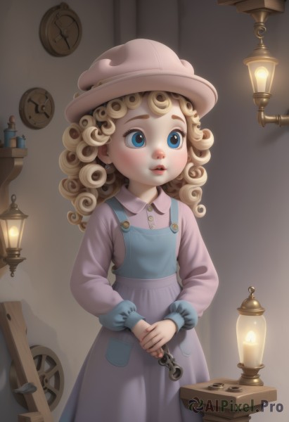 1girl,solo,long hair,blue eyes,blonde hair,shirt,long sleeves,hat,dress,holding,standing,parted lips,indoors,lips,blue dress,child,pink dress,curly hair,clock,female child,lamp,overalls,light bulb,wall clock,short hair,apron,candle,candlestand,candlelight