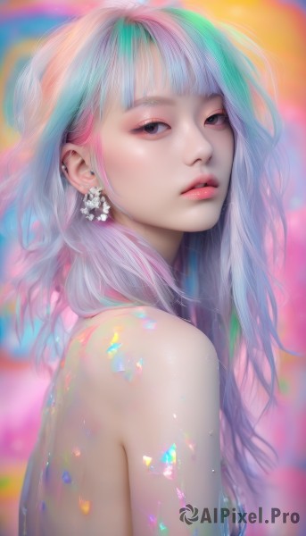 1girl,solo,long hair,breasts,looking at viewer,bangs,brown eyes,jewelry,blue hair,upper body,pink hair,nude,multicolored hair,earrings,parted lips,teeth,artist name,blurry,black eyes,from side,lips,sideboob,makeup,blurry background,piercing,ear piercing,realistic,nose,colorful,rainbow hair,bare shoulders,watermark,gem,eyeshadow