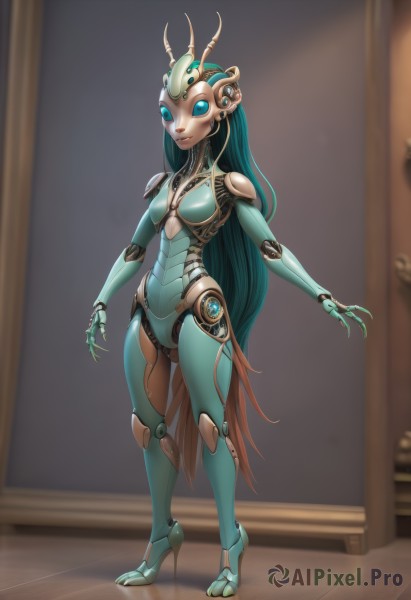 1girl,solo,long hair,breasts,looking at viewer,smile,blue eyes,medium breasts,very long hair,standing,full body,multicolored hair,small breasts,green hair,blurry,high heels,aqua eyes,aqua hair,bodysuit,blurry background,headgear,robot,monster girl,science fiction,android,joints,mechanical arms,no pupils,cyborg,robot joints,mechanical parts,fewer digits,humanoid robot,glowing,claws,gears