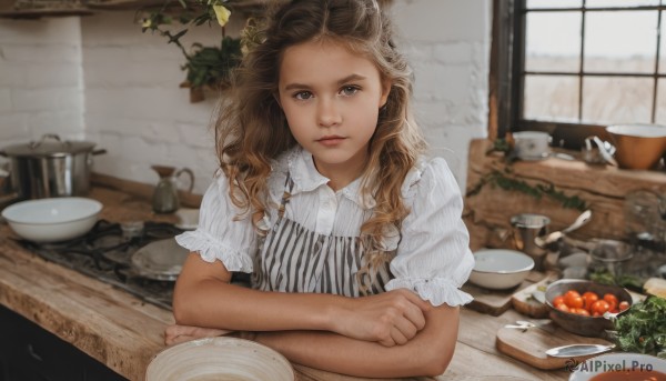 1girl,solo,long hair,looking at viewer,blue eyes,blonde hair,brown hair,shirt,sitting,closed mouth,white shirt,upper body,short sleeves,food,day,striped,puffy sleeves,indoors,blurry,apron,cup,puffy short sleeves,lips,window,depth of field,blurry background,wavy hair,crossed arms,table,knife,plant,vertical stripes,plate,bowl,curly hair,striped shirt,realistic,spoon,fork,egg,saucer,kitchen,wooden table,soup,cutting board,fruit,expressionless,brick wall,onion,salad