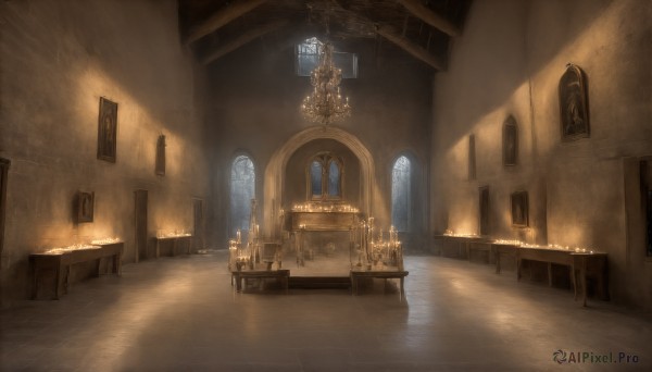 HQ,indoors,no humans,window,chair,table,sunlight,fire,scenery,light rays,stairs,door,light,candle,hallway,church,candlestand,chandelier,fireplace,wooden floor,fantasy,vase,statue,painting (object),arch,reflective floor