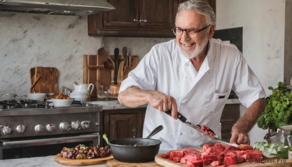 solo,smile,short hair,shirt,1boy,holding,closed mouth,white shirt,upper body,white hair,short sleeves,grey hair,male focus,food,glasses,collared shirt,indoors,apron,fruit,facial hair,knife,beard,plate,sleeves rolled up,black-framed eyewear,bowl,realistic,round eyewear,mustache,basket,holding knife,old,old man,cooking,meat,kitchen,tomato,vegetable,arm hair,chef,kitchen knife,wrinkled skin,cutting board,onion,tongs,open mouth,teeth,grin,cup,dress shirt,buttons,chair,table,bottle,pocket,mug,carrot,bread,jar,frying pan,cucumber,lettuce,potato,steak,salad