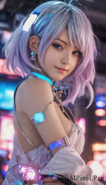 1girl,solo,breasts,looking at viewer,smile,short hair,bangs,blue eyes,hair ornament,gloves,holding,bare shoulders,jewelry,medium breasts,closed mouth,blue hair,upper body,multicolored hair,earrings,sleeveless,choker,medium hair,blurry,from side,lips,looking to the side,gradient hair,depth of field,blurry background,gem,science fiction,realistic,nose,cyberpunk,pink hair,outdoors,artist name,necklace,nail polish,fingernails,eyelashes,makeup,armlet,blue nails,purple nails