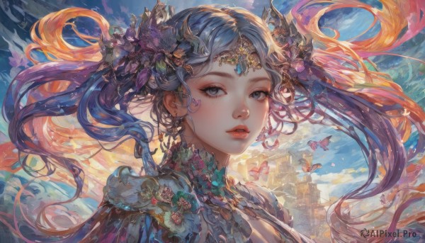 1girl,solo,long hair,breasts,looking at viewer,bangs,blue eyes,hair ornament,cleavage,twintails,jewelry,blue hair,upper body,flower,multicolored hair,earrings,outdoors,parted lips,sky,cloud,hair flower,lips,grey eyes,eyelashes,gradient hair,makeup,floating hair,bug,gem,butterfly,portrait,circlet,fantasy,blush,day,artist name,orange hair,blue sky,building,pink lips,nose