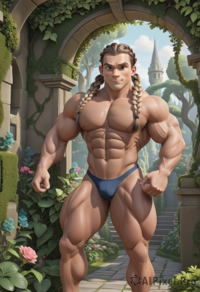 solo,long hair,looking at viewer,smile,brown hair,1boy,navel,closed mouth,underwear,nipples,braid,flower,male focus,thighs,outdoors,sky,day,artist name,cloud,stomach,twin braids,tree,muscular,feet out of frame,rose,facial hair,leaf,thick thighs,piercing,abs,thick eyebrows,pectorals,plant,muscular male,building,bara,pink flower,clenched hands,large pectorals,veins,bulge,topless male,mature male,bush,manly,male underwear,vines,male swimwear,pillar,biceps,castle,obliques,arch,briefs,swim briefs,thick arms,multiple braids,blonde hair,signature,sunlight,cloudy sky,hair over shoulder,ivy