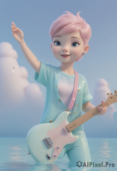 1girl,solo,looking at viewer,smile,short hair,open mouth,blue eyes,shirt,jewelry,standing,pink hair,short sleeves,earrings,outdoors,sky,day,cloud,water,blue sky,ocean,blue shirt,instrument,child,wading,guitar,electric guitar,blush,teeth,v,makeup