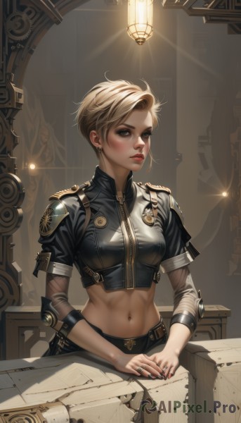 1girl,solo,breasts,looking at viewer,blush,short hair,blue eyes,blonde hair,navel,jewelry,medium breasts,jacket,short sleeves,earrings,parted lips,midriff,belt,artist name,indoors,stomach,nail polish,armor,lips,crop top,fingernails,eyelashes,makeup,scar,piercing,abs,lipstick,shoulder armor,ear piercing,black nails,zipper,freckles,cropped jacket,pauldrons,asymmetrical hair,realistic,nose,stud earrings,light,lamp,leather,mascara,light bulb,upper body,watermark,red nails,red lips,very short hair