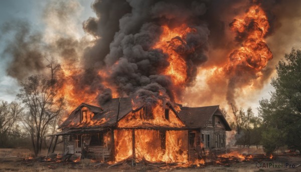 outdoors,sky,day,cloud,tree,no humans,fire,building,nature,scenery,forest,smoke,house,burning,window,destruction