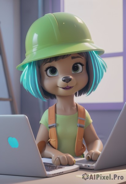 1girl,solo,looking at viewer,smile,short hair,bangs,brown hair,shirt,black hair,hat,animal ears,green eyes,blue hair,upper body,short sleeves,indoors,blurry,vest,flat chest,window,:3,blurry background,backpack,suspenders,helmet,child,furry,backlighting,green headwear,green shirt,furry female,female child,overalls,computer,body fur,animal nose,laptop,snout,buck teeth,open mouth,parted lips,teeth,artist name,watermark,bob cut,web address,nose