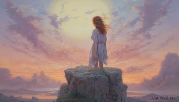 1girl,solo,long hair,brown hair,dress,standing,short sleeves,outdoors,sky,cloud,water,from behind,white dress,floating hair,blue dress,ocean,cloudy sky,wind,scenery,wading,sunset,rock,mountain,sun,horizon,facing away,twilight,mountainous horizon,orange sky,cliff,bird,moon,wide shot