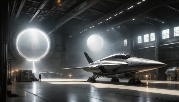 HQ,1boy,indoors,signature,military,no humans,window,helmet,building,scenery,flying,science fiction,realistic,aircraft,military vehicle,airplane,vehicle focus,spacecraft,lights,jet,fighter jet,moon,ground vehicle