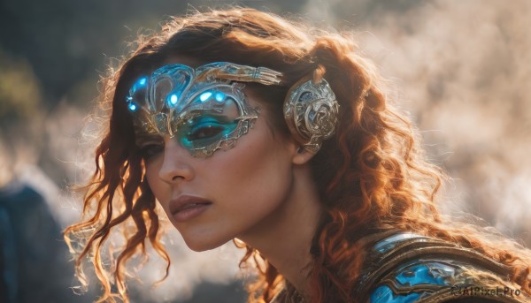 1girl,long hair,blonde hair,brown hair,closed eyes,parted lips,solo focus,armor,blurry,from side,lips,eyelashes,makeup,mask,blurry background,wavy hair,shoulder armor,portrait,eyeshadow,freckles,curly hair,circlet,realistic,nose,solo,hair ornament,jewelry,artist name,glowing,sunlight,gem,backlighting,forehead jewel