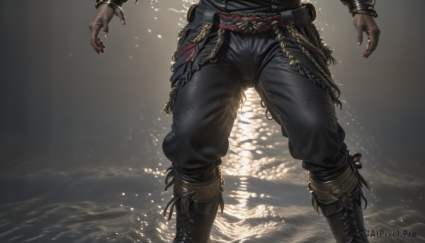 solo,1boy,jewelry,standing,male focus,boots,belt,pants,dark skin,water,black footwear,bracelet,chain,black pants,dark-skinned male,ring,knee boots,cross-laced footwear,backlighting,pouch,long sleeves,torn clothes,ocean,close-up,lower body