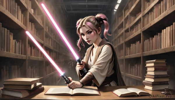 1girl,solo,looking at viewer,brown hair,hair ornament,holding,twintails,brown eyes,upper body,weapon,pink hair,multicolored hair,sword,indoors,holding weapon,lips,book,bandages,holding sword,robe,open book,bookshelf,book stack,library,energy sword,laser,lightsaber,sitting,parted lips,signature,hair bun,cape,double bun,scar,table,short twintails,science fiction,realistic,reading,animification