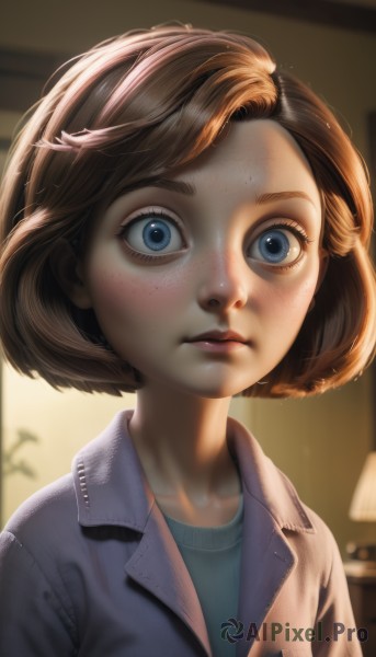 1girl,solo,looking at viewer,short hair,bangs,blue eyes,brown hair,shirt,closed mouth,jacket,upper body,artist name,indoors,blurry,lips,eyelashes,blurry background,blue shirt,portrait,freckles,wide-eyed,realistic,nose,lamp,depth of field,bob cut,plant,child,backlighting,female child