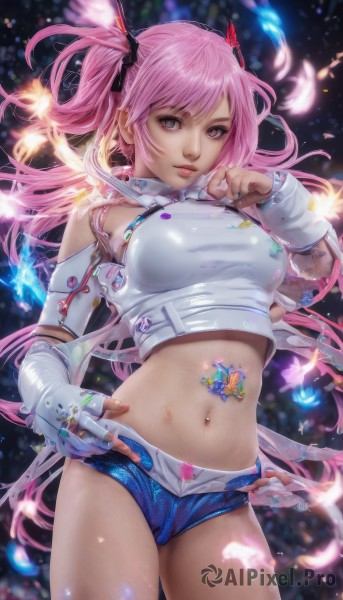 1girl,solo,long hair,breasts,looking at viewer,bangs,shirt,gloves,ribbon,navel,bare shoulders,twintails,medium breasts,standing,hair ribbon,white shirt,pink hair,cowboy shot,parted lips,shorts,elbow gloves,midriff,white gloves,fingerless gloves,pink eyes,stomach,nail polish,blurry,two side up,lips,crop top,see-through,hand on hip,short shorts,ring,feathers,single glove,blue shorts,micro shorts,single fingerless glove,large breasts,jewelry,artist name,tattoo,watermark,piercing,contrapposto,realistic,navel piercing