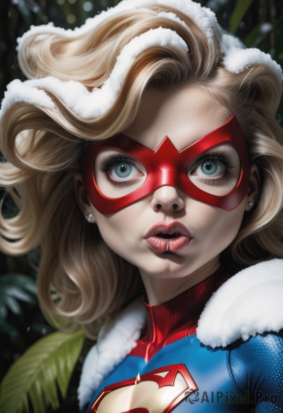 1girl,solo,long hair,breasts,looking at viewer,blue eyes,blonde hair,jewelry,upper body,earrings,parted lips,tongue,artist name,tongue out,blurry,lips,fur trim,clothing cutout,eyelashes,bodysuit,makeup,mask,cleavage cutout,lipstick,portrait,realistic,nose,stud earrings,superhero,domino mask,leaf