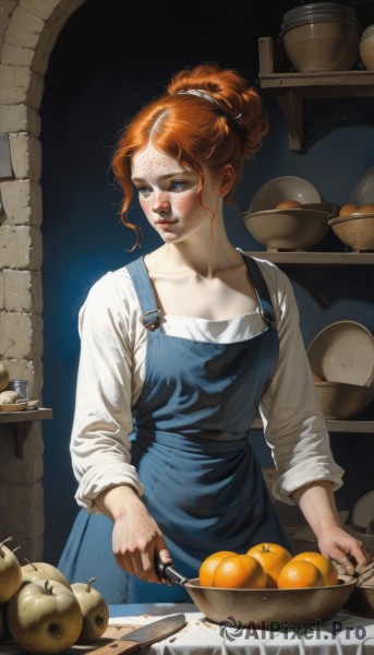 1girl,solo,breasts,blue eyes,shirt,long sleeves,holding,standing,collarbone,white shirt,parted lips,food,indoors,hair bun,orange hair,apron,lips,fruit,looking away,single hair bun,knife,freckles,realistic,nose,apple,basket,holding knife,overalls,dirty,cooking,orange (fruit),kitchen,jar,blue apron,potato,kitchen knife,cutting board,onion,medium breasts,closed mouth,red hair,looking to the side,bowl,sleeves pushed up