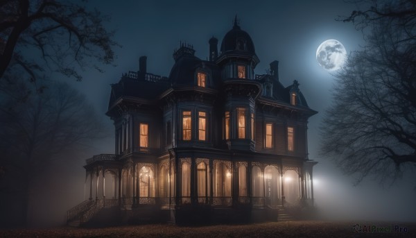 outdoors,sky,tree,no humans,window,night,moon,building,night sky,scenery,full moon,stairs,road,architecture,bare tree,fog,gate,dark,house,bridge,tower,moonlight,arch