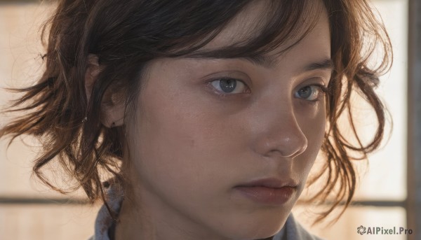 1girl,solo,looking at viewer,short hair,blue eyes,brown hair,jewelry,closed mouth,earrings,blurry,black eyes,lips,grey eyes,portrait,close-up,realistic,nose,stud earrings,bangs,black hair,eyelashes,window,blurry background,expressionless,wind,messy hair,backlighting,looking afar