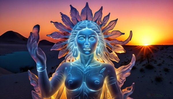 HQ,1girl,solo,long hair,breasts,looking at viewer,blue eyes,medium breasts,blue hair,upper body,nude,outdoors,hand up,lips,glowing,colored skin,monster girl,backlighting,sunset,tentacle hair,mountain,blue skin,sun,giant,white eyes,no pupils,alien,hair ornament,gloves,collarbone,closed eyes,white hair,sky,tattoo,feathers,glowing eyes,facing viewer,feather hair ornament,bodypaint,sunrise,dreadlocks